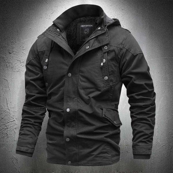 Bomber jaqueta homens outono engrossar casaco militar algodão jaqueta piloto preto jaqueta com capuz casaco quente moda roupas inverno x0710