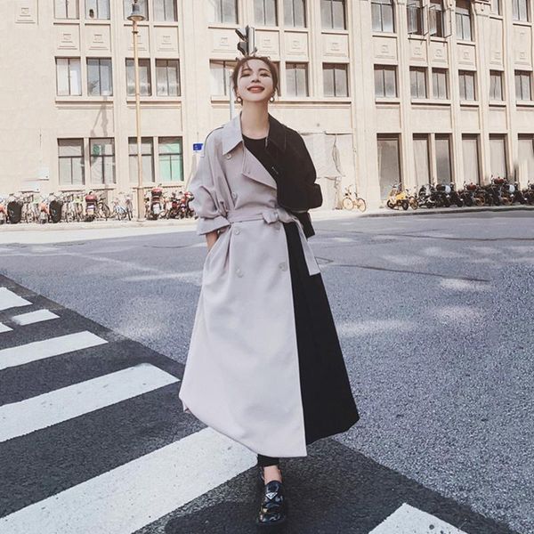 

women's trench coats [ewq] 2021 autumn winter contrast widbreaker female long slleve lace up waist mid-length coat women fashion 2w1297, Tan;black
