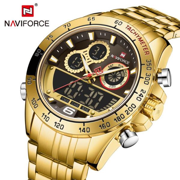 

wristwatches naviforce 2021 relogio masculino quartz watch men military dual time analog digital clock golden steel strap, Slivery;brown