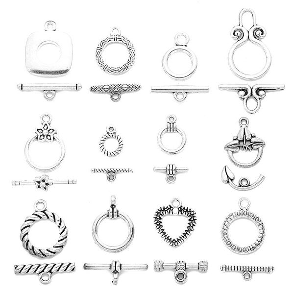 

17 style 5-40set antique silver zinc alloy plated screw thread ot toggle clasp metal fastener bracelet for jewelry making acces, Blue;slivery