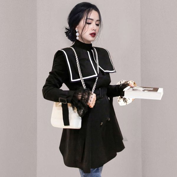 

autumn temperament double breasted lace up fashion windbreaker coat women, Black;brown