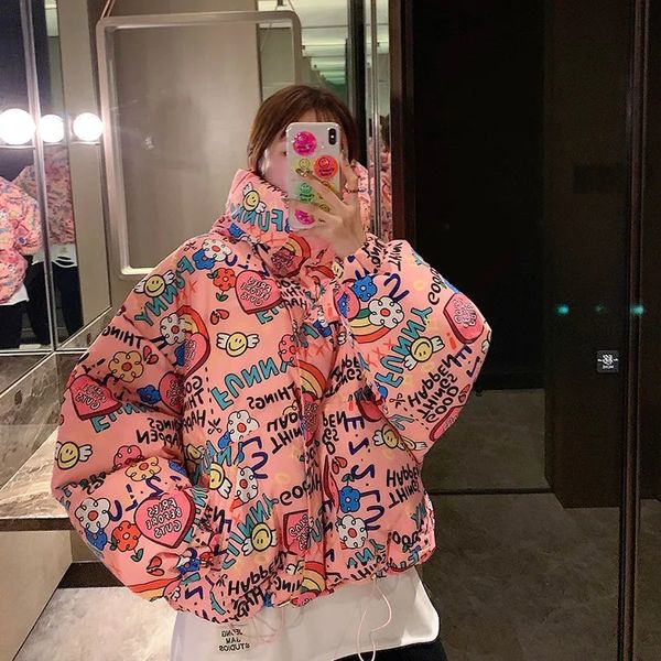 

women puffy short down jacket christmas eve graffiti loose bubble coat thick warm new winter jacket women bread jackets, Black