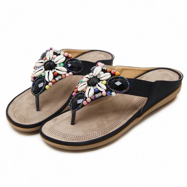 

size 35 45 female fashion colors flip flops woman summer pu leather slippers ladies crystals outdoor shoes women flat heels shoe wedges shoe, Black