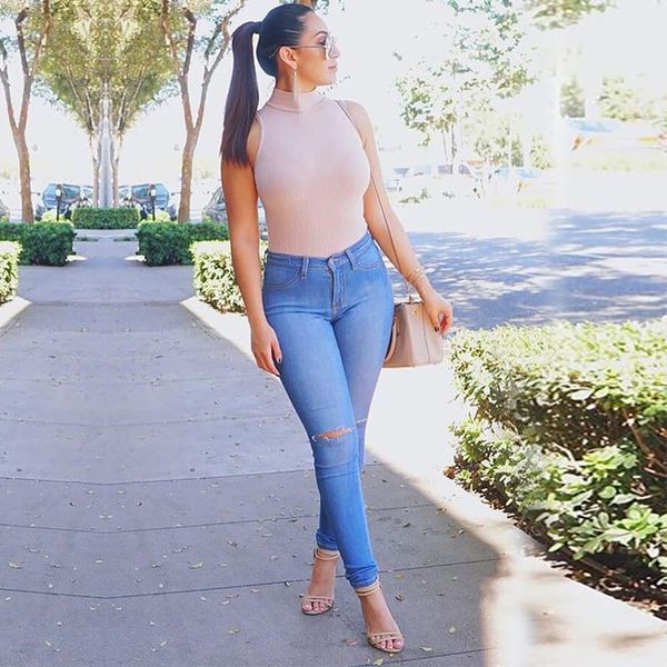 

women ripped jeans skinny jeans slim fit femme high waist fitness for girls stretchy denim fashion pencil pants streetwear, Blue