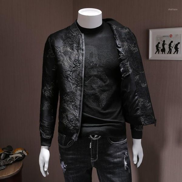 

men's jackets fashion mens autumn floral embroidery bomber jacket slim fit stand collar casual outwear coat plus size 5xl streetwear, Black;brown