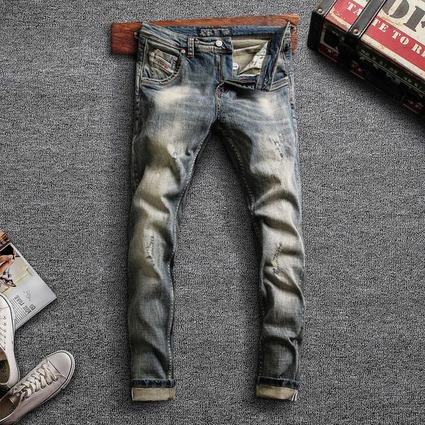 

italian style fashion men jeans retro wash elastic slim fit ripped denim pants streetwear vintage designer trousers, Blue