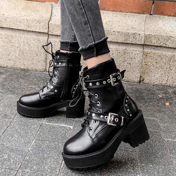 

2021 new punk style women ankle fashion rivet double buckle high heels shoes woman black leather motorcycle boots 9jk5