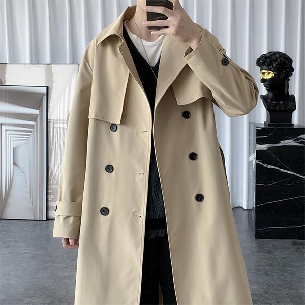 

men's trench coats autumn windbreaker medium and long double breasted knee coat korean version versatile loose thin cloak large fash, Tan;black