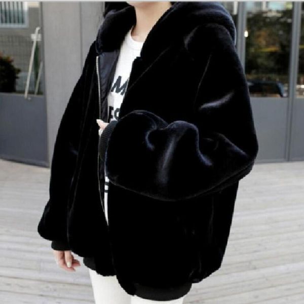 

women's fur & faux women fashion mink coats 2021 winter casual hooded zipper black warm jackets plus size thick overcoats luxurious