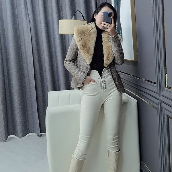 

thick khaki tweed coat for women lapel long sleeve tunic patchowrk fluff casual jacket s female fashion new clothes, Black;brown