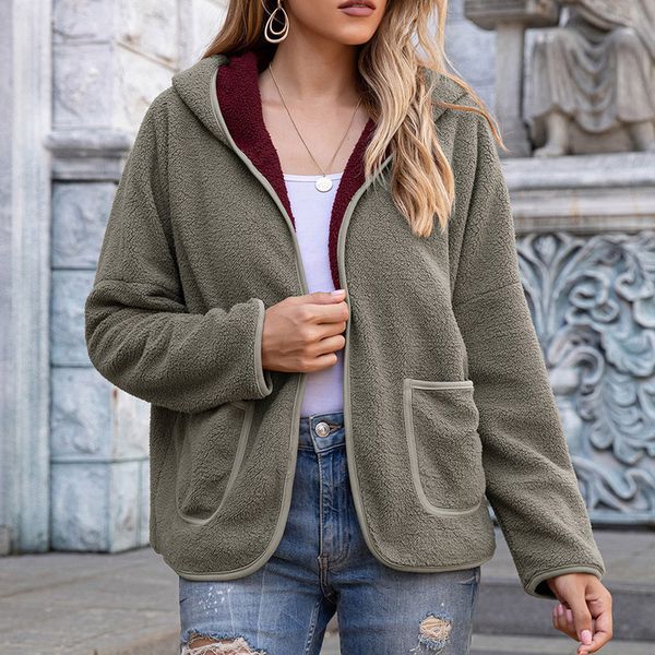 

winter warm jackets women's 2021 fashion pocket zipper long sleeve plush hoodie coat female thick outerwear plus size s-xl#w3, Black;brown