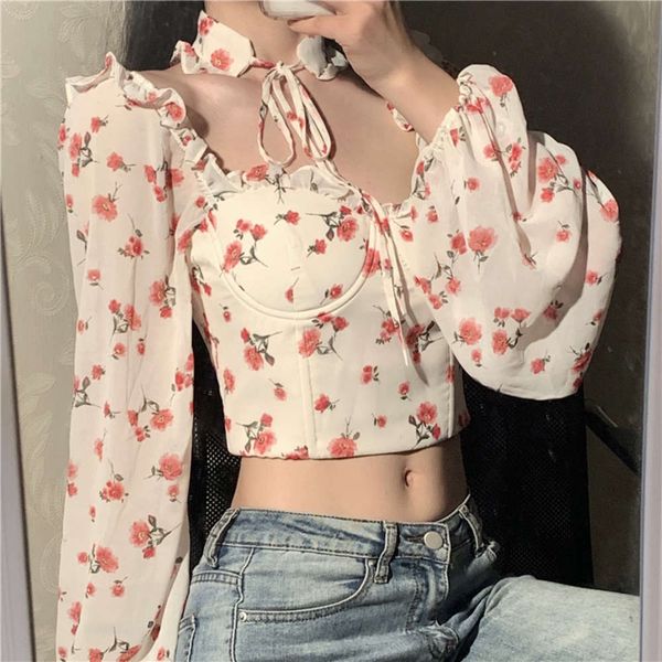 

chiffon 2021 new fashion spring shirt women's design sense minority french square collar floral chic top, White