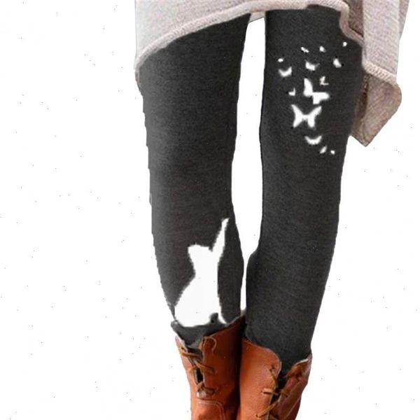 

casual elastic waistband cats women leggings butterflies print long skinny pants keep warm thick stretchy, Black