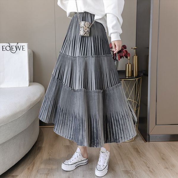 

autumn korean gold plied velvet cake high waist seam folds skirt with large swing y155 x1b5, Black