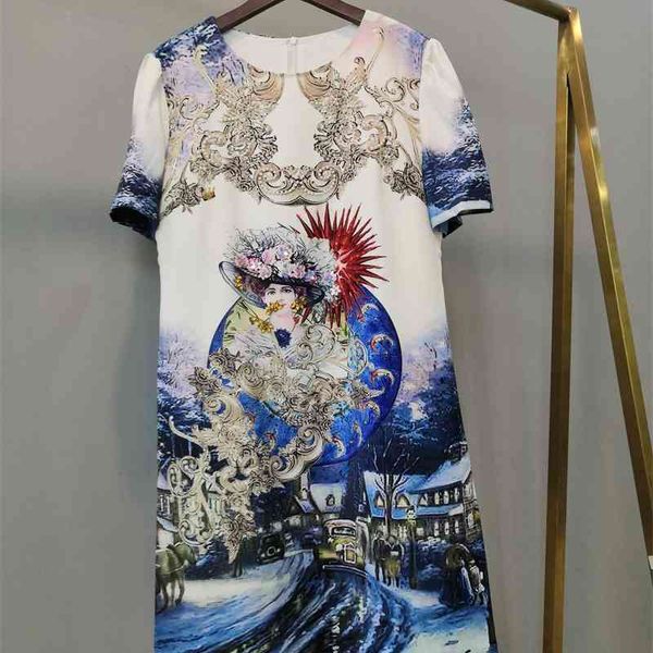 

truevoker female short sleeve luxury oil painting print dress lady crystal diamond vestido women vintage party robe 210602, Black;gray
