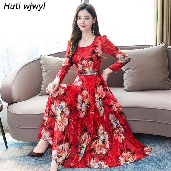 

vintage red long sleeve maxi dresses autumn winter 3xl plus size floral chiffon dress elegant women bodycon party vestidos 210528, Black;gray