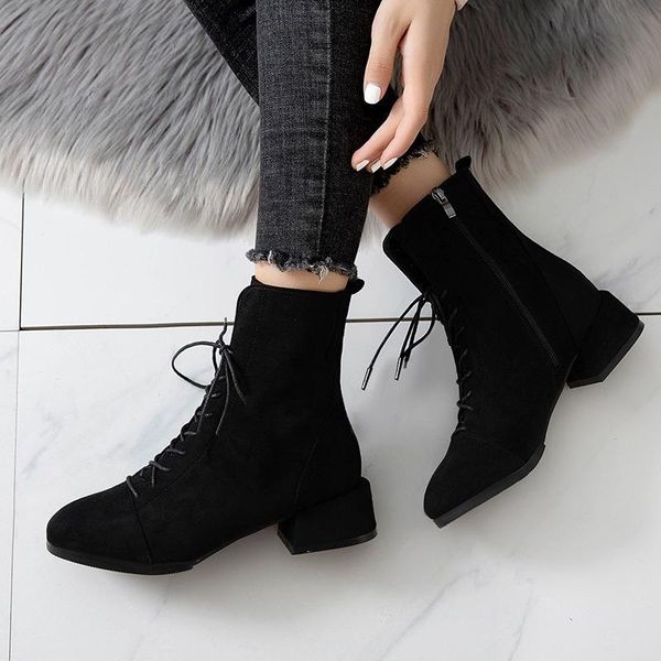 

boots female autumn new women's shoes woman korean lace up zipper thick mid heels fashion ankle boots plus size 43, Black