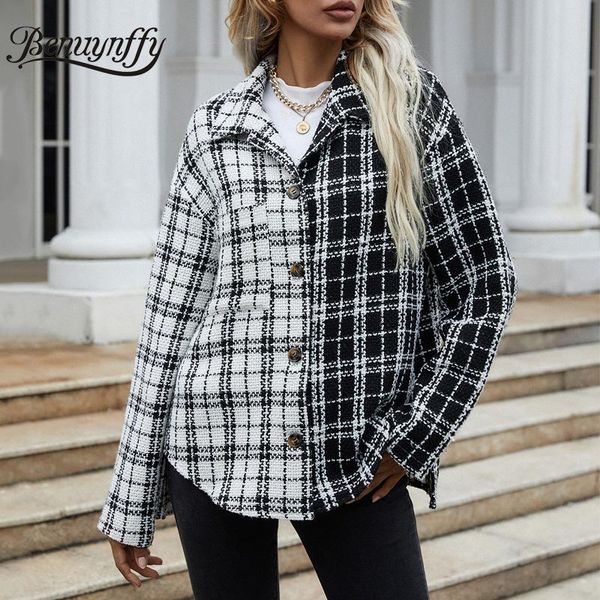 

women's jackets benuynffy plaid contrast single breasted tweed coat women autumn lapel long sleeve overshirt casual loose jacket outwe, Black;brown