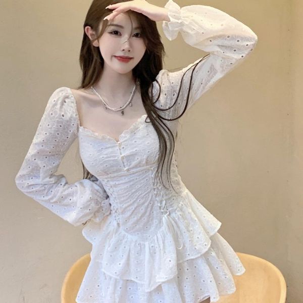 

casual dresses korean style a line mini dress women solid elegant fashion square collar slim white robes hollow out party sweet vestidos, Black;gray