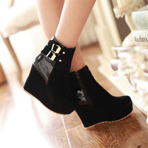 

boots gigifox fashion ladies patchwork patent pu ankle women 2021 black platform wedges high heels shoes woman