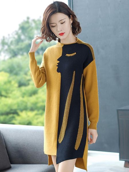 

women's sweaters plus size winter knitted sweater women long sleeve straight vintage elegant irregular wool dresses, White;black