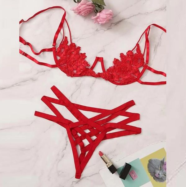 

bras sets red harness appliques underwire women intimates 2021 thongs v-string transparent female underwear bra set, Red;black