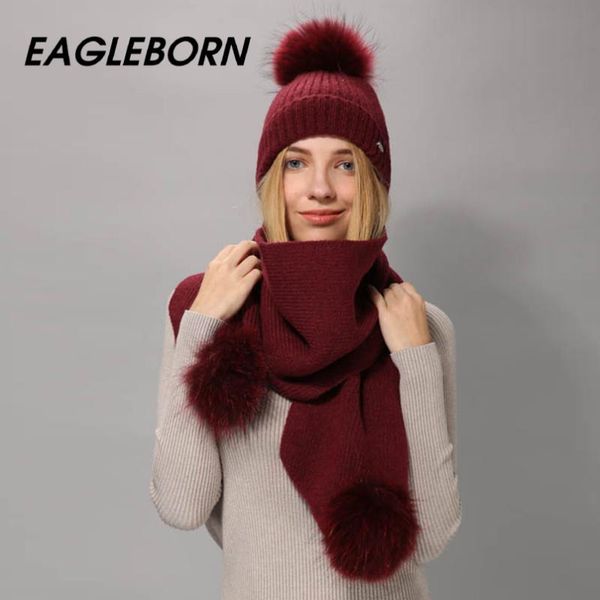 

hats, scarves & gloves sets 2021 winter hat scarf for women girl's beanie wool knitted set and big real pom, Blue;gray