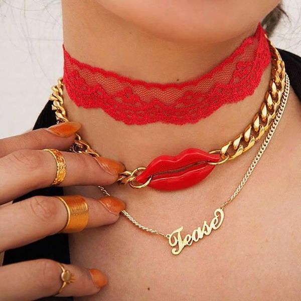 

pendant necklaces gold color choker necklace for women 3 layers lace red lip chain & pendants velvet chokers fashion jewelry, Silver