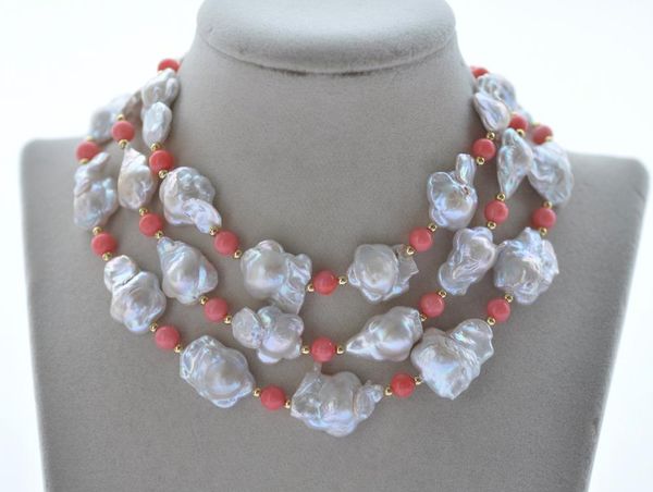 

chokers mctÂ·star z10756 18"-50" 18mm white plum-blossom baroque pearl pink coral necklace, Golden;silver