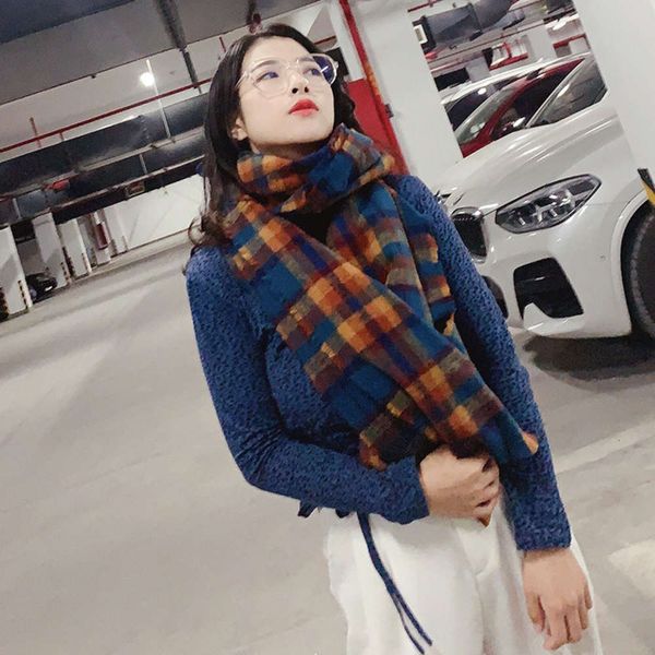 

zhang yuqi's same color with short beard cashmere like scarf for warmth and contrast plaid shawl in winter, Blue;black