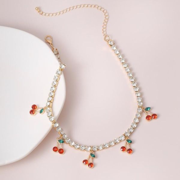 

chains jewelry cute small cherry pendant necklace metal chain crystal choker for women gift, Silver