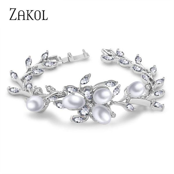 

link, chain zakol fashion imitation pearl leaf bracelets bangles for women luxury marquise cz zirconia bridal wedding jewelry, Black