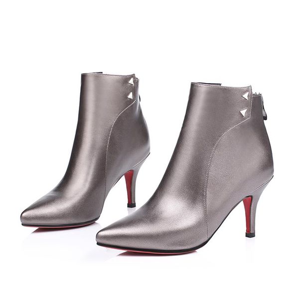 

boots pqecfs big size 32-44 spring & autumn winter fashion women solid pointed toe rivets ankle riding 3 colors, Black