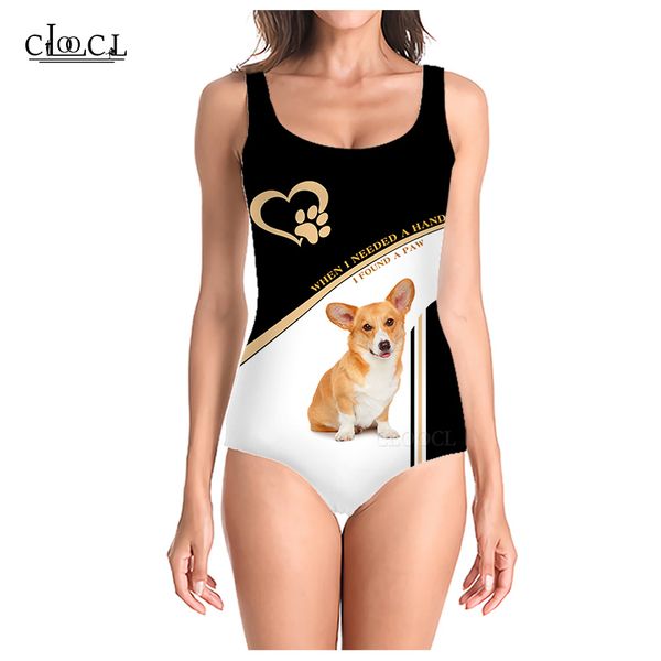 

cloocl 2021 summer welsh corgi swimsuit 3d printed sleeveless women fashion casual beach one piece swimwear, White;black