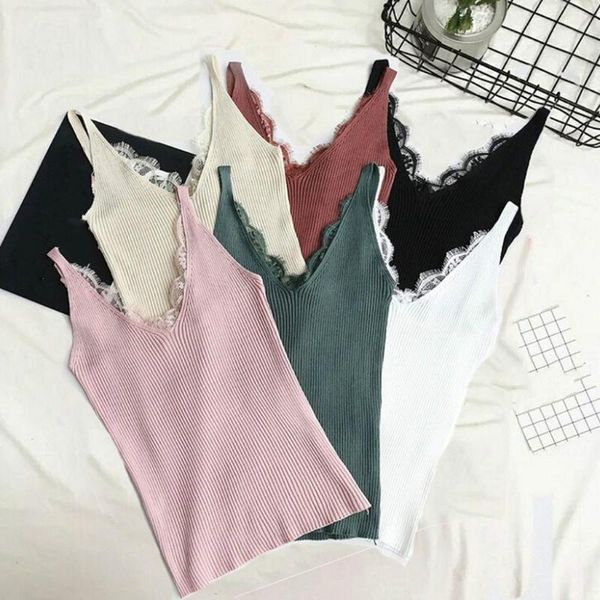 

fashion camisoles women sleeveless knitting vest v-neck ladies solid lace tank women's intimates skinny vest lady, Black;white