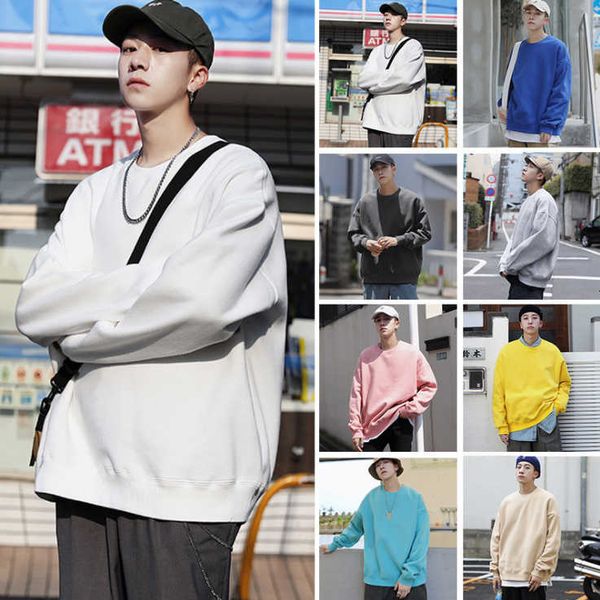 

men's round neck pullover 2021 autumn new solid color long sleeve bottoming shirt korean style trendy plus size streetwear, Black