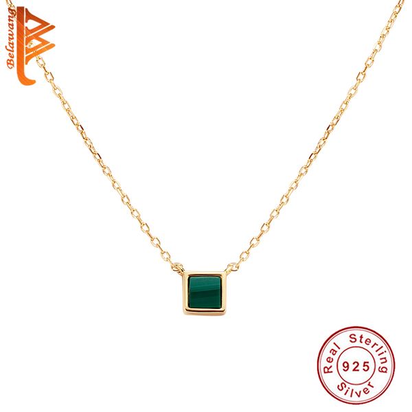 Belawang 100% 925 Sterling Silver Square Verde Malaquite Pingente Colar Elegante Colar para Mulheres Amante Jóias Q0531