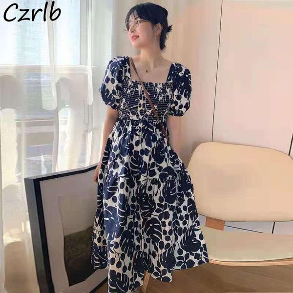 

casual dresses print dress women short puff sleeve leisure elegant retro folds feminine vestidos summer daily ulzzang arrival oversize chic, Black;gray