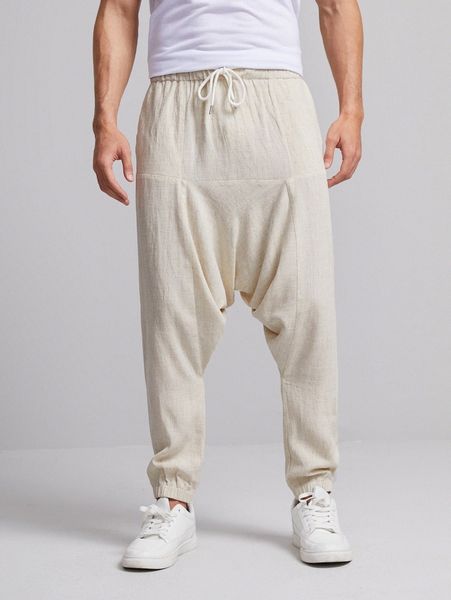 

men drawstring waist linen drop crotch pants 43h0#, Black