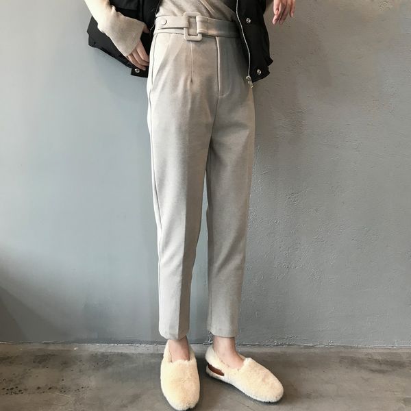 

2021 winter thicken women pencil plus size wool pants female autumn high waist loose trousers capris good fabric c4aq, Black;white
