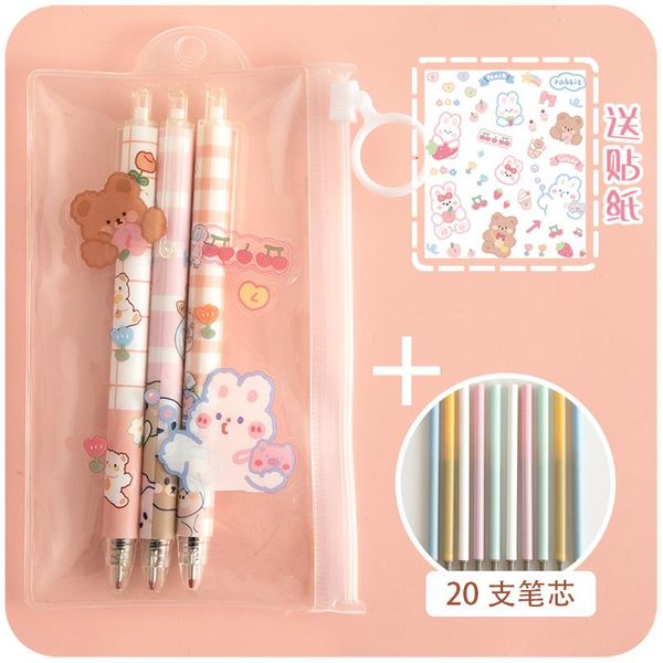 

gel pens cute bear 3 packs [20 refills and storage bag plus stickers] push pen student girl cartoon