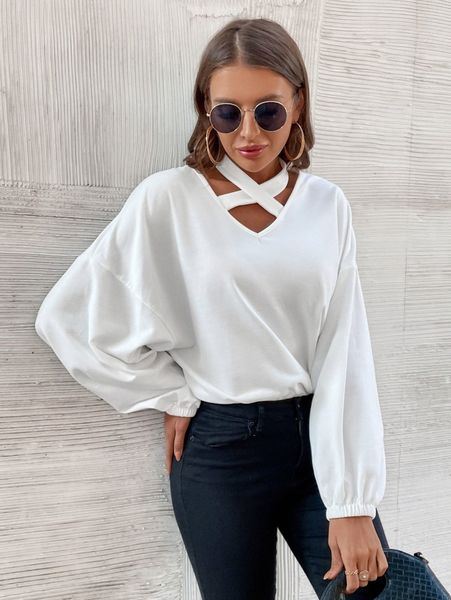 

solid criss cross drop shoulder sweatshirt b4kj#, White;black