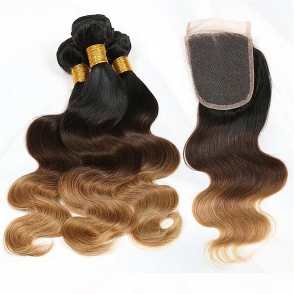 

#1b 4 27 honey blonde ombre brazilian hair weave bundles with lace frontal closure dark roots body wave ombre hair weaving 4pcs lot, Black