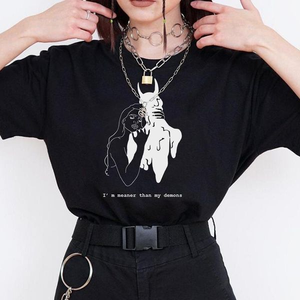 

i' meaner than my demons letter summer print summer new harajuku ulzzang vintgae tees casual short-sleeved women t-shirt, White
