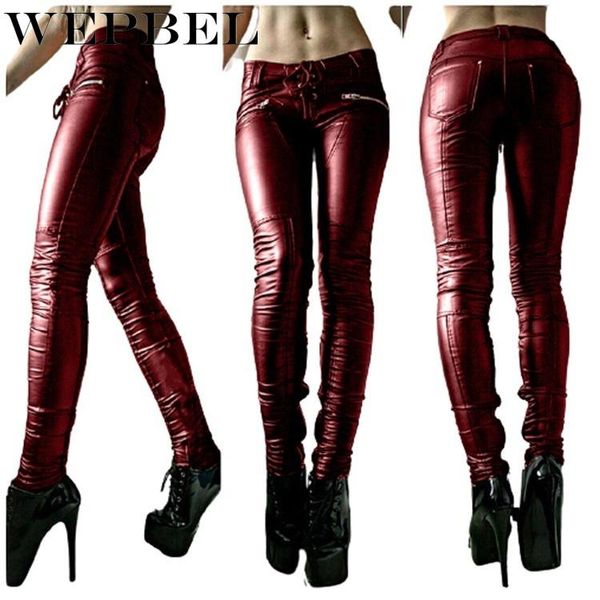 

women's pants & capris wepbel spring and autumn fashion mid waist zip pocket pleated pencil casual solid color lace-up pu, Black;white