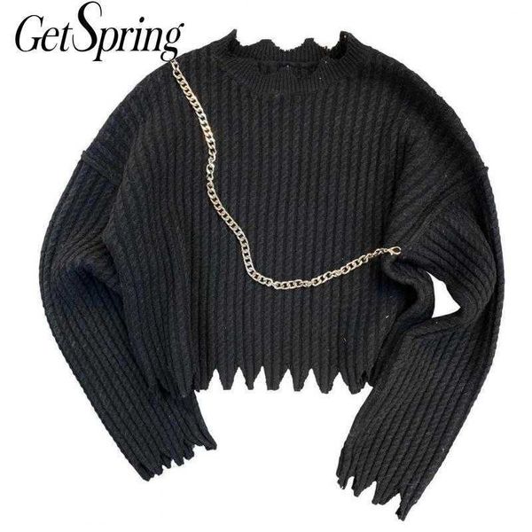 

getspring women sweater patchwork irregular short s pullovers black gray vintage casual knit 210601, White;black