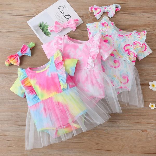 

clothing sets infant baby girls clothes summer short sleeve rainbow tie-dyed tulle romper bodysuit+headbands born girl outfit, White