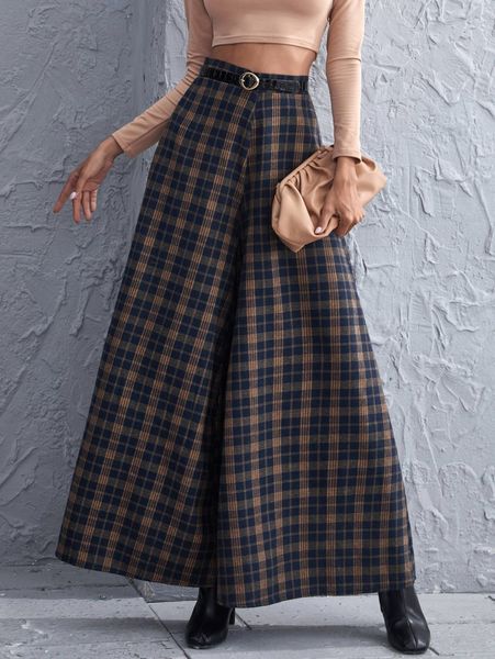 

tartan wide leg pants without belt o9oe#, Black;white