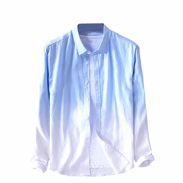 

2021 new brand italy style long-sleeved 100% linen shirts men blue fashion gradient mens casual spring shirt male camisa jgf2, White;black