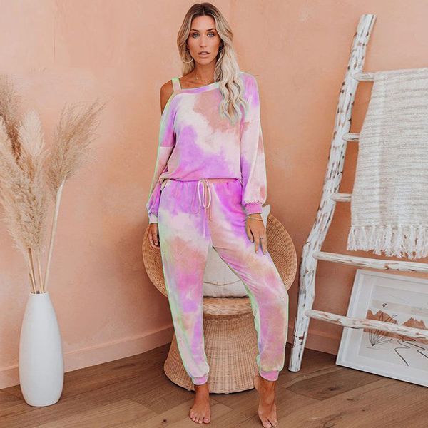 

2021 new tie dye print two piece set women spring autumn off shoulder long sleeve sweatshirt and trousers ladies streetwear tracksuit 0a, White;black
